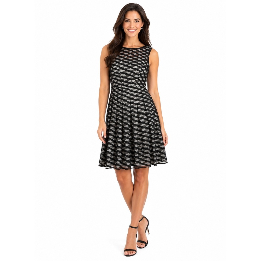 Adrianna Papell Black & Gray Mesh Illusion Sleeveless Dress 6 Geometric Striped